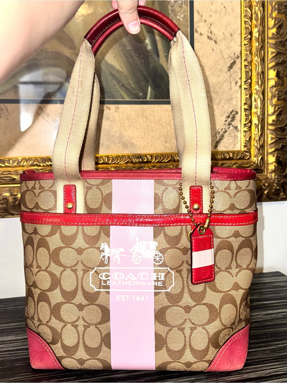 Coach vintage Heritage Stripe Signature Canvas Tote Bag 2007 y2k 11349 GUC